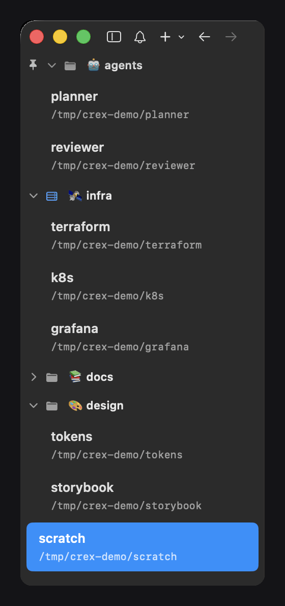 cmux sidebar restored by crex with four named groups: agents pinned, infra with a blue icon, docs collapsed and design expanded, plus a loose scratch workspace