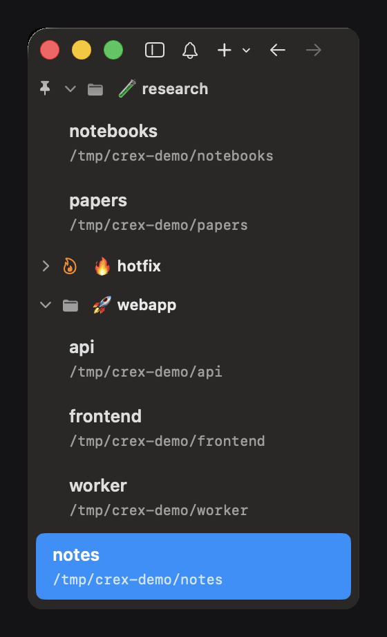 cmux sidebar restored by crex with three named groups, one collapsed and one pinned