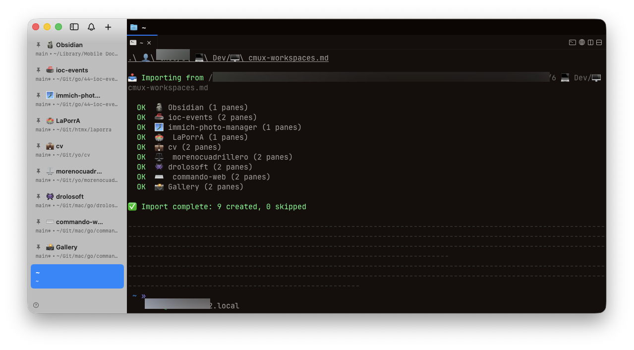 crex import-from-md success — 9 workspaces created from a Workspace Blueprint