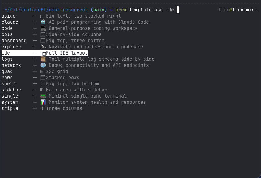 crex template use — shell completion dropdown with all 16 templates