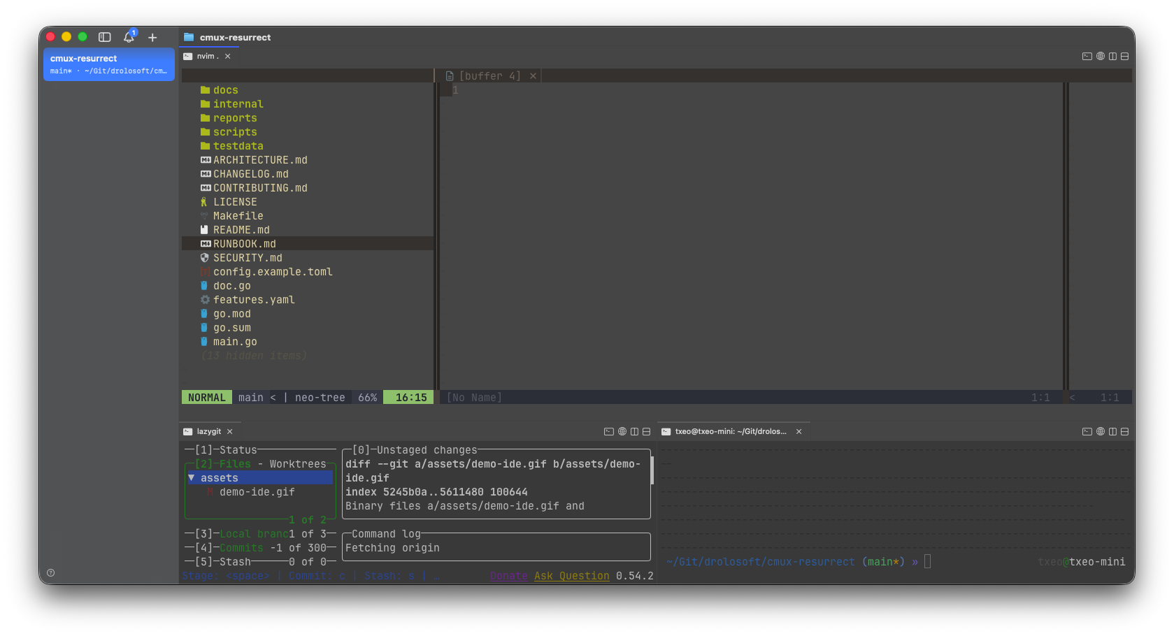 crex IDE template — nvim, lazygit, and terminal in one workspace