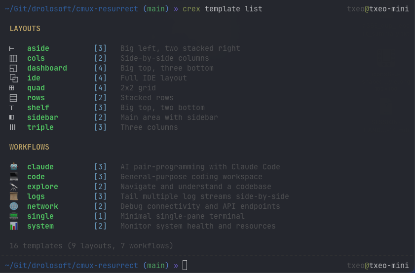 crex template list — 16 templates grouped by Layouts and Workflows