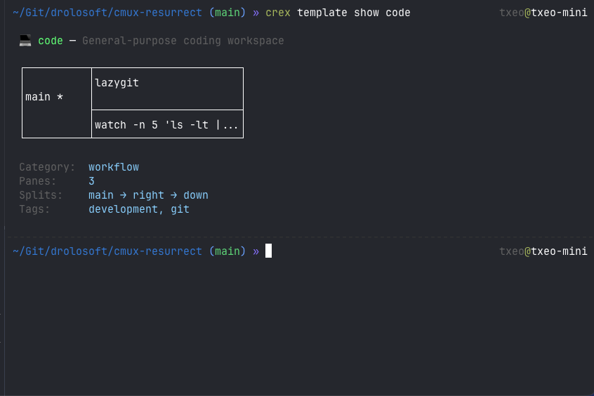 crex template show code — workflow template with lazygit and watch commands