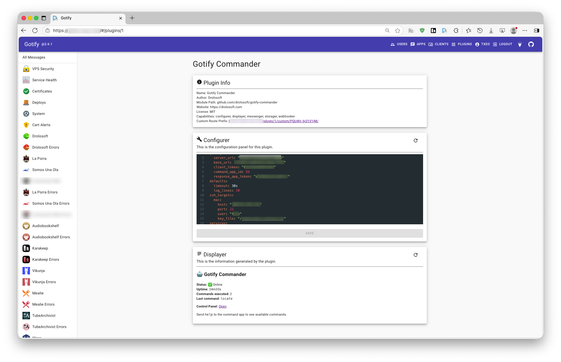 Gotify Commander plugin configuration
