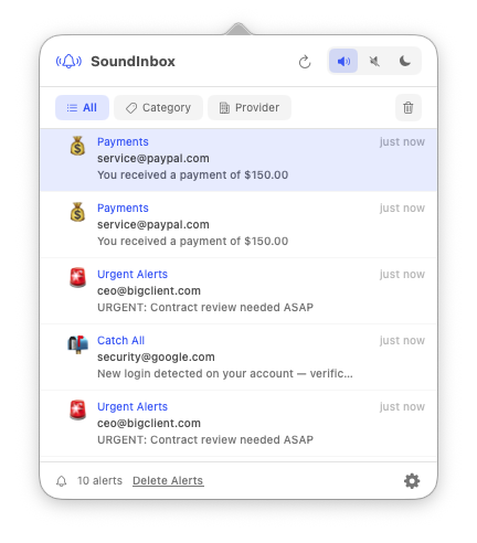 SoundInbox popover showing matched alerts