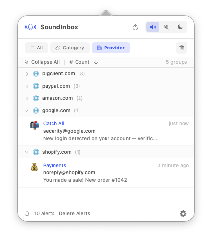 SoundInbox alerts grouped by email provider