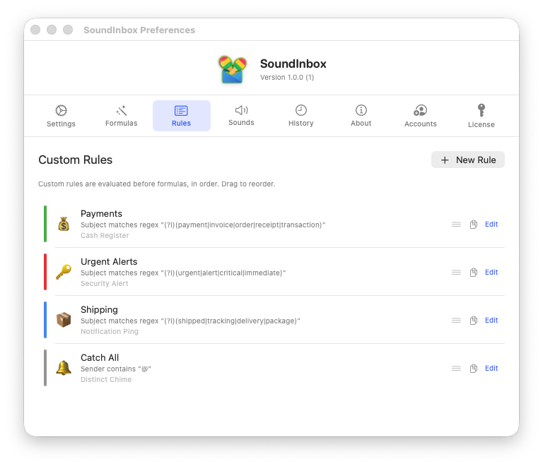 SoundInbox custom rules with regex patterns
